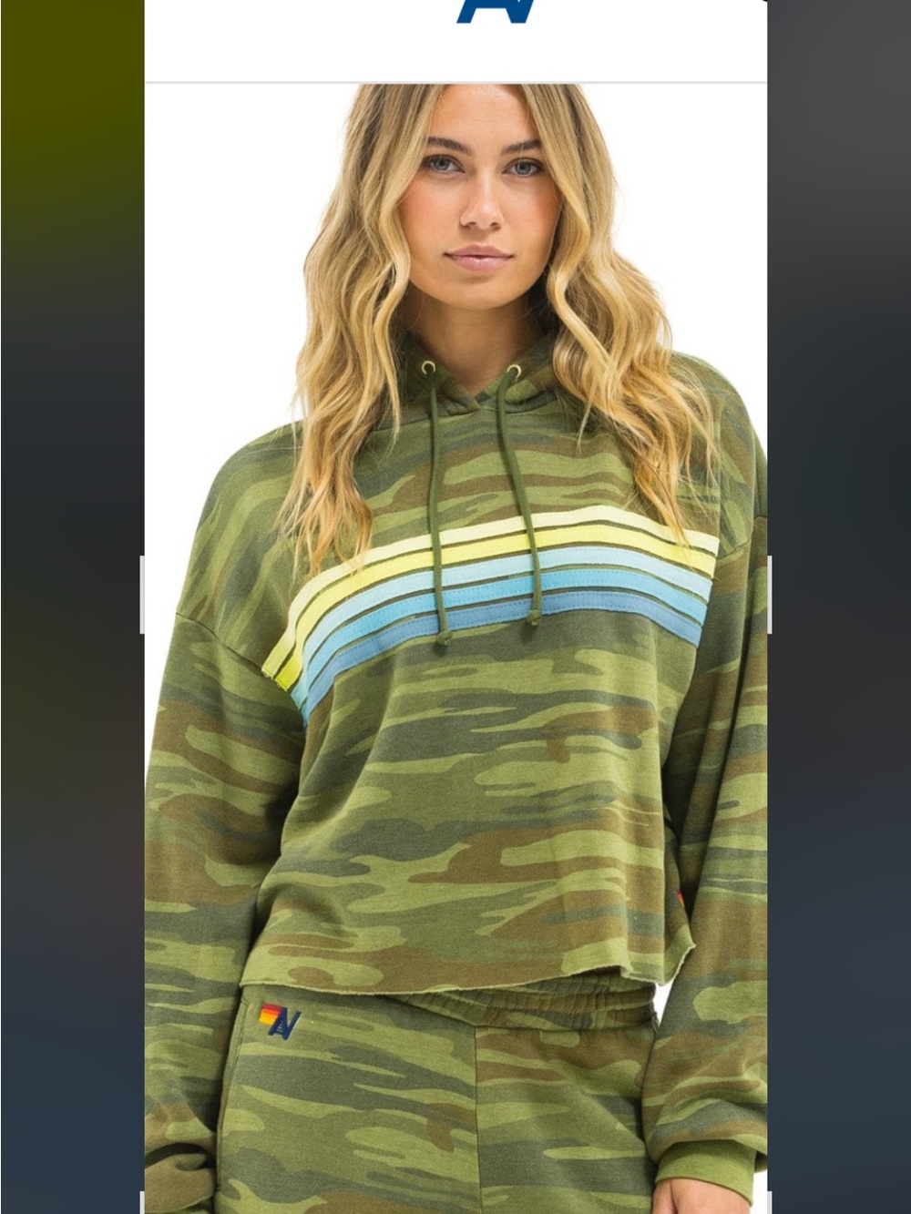 Aviator Nation Olive Camo Cropped Hoodie with Yellow and Blue Stripes